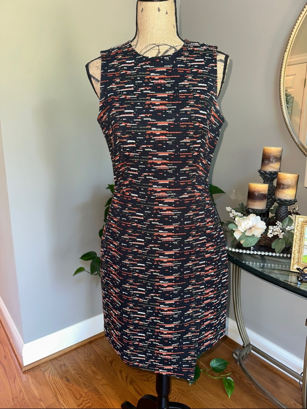 Grey Jason Wu Black Midi Sheath Dress with Coral and White Pattern